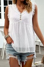 Cute V Neck Button Sleeveless Tops - Image 4