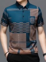 Men's Irregular Geometric Pattern And Alphabet Print Sports Shirt With Henley Neck, Lapel Collar And Short Sleeve, Casual And Chic Tee For Men, Tops Suitable For Summer Outdoors Activities - Image 7