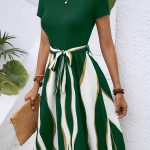 Striped Print Tie Waist Splicing Dress, Versatile Short Sleeve Dress For Spring & Summer, Women's Clothing For Elegant Dressing - Image 2
