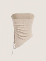 Solid Ribbed Asymmetric Hem Tube Top, Elegant Drawstring Ruched Side Strapless Sleeveless Top, Women's Clothing - Image 5