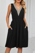 V Neck Patchwork High Waist Solid Color Dress - Image 2