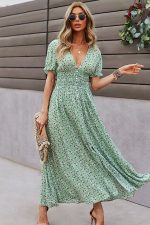 Deep V Neck Smocked Chest Floral Print Maxi Dress - Image 4