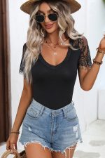 Lace Shoulder Solid Black Casual Tops - Image 3