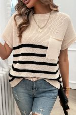 Round Neck Stripe Print Causal Tops - Image 4