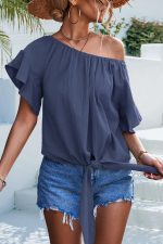 Knot Front Ruffle Sleeve Casual Tops - Image 2
