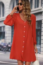 Long Sleeve Button Round Neck Solid Dress - Image 5