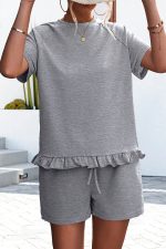 Round Neck Ruffle Hem Solid Color Two Pieces Set - Image 5
