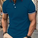 Breathable Contrast Binding Men's Casual Short Sleeve Lapel Golf Shirt For Summer, Men's Clothing - Image 4