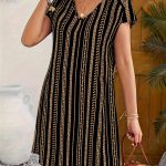 Striped V-neck Dress, Vacation Style Short Sleeve Shift Dress For Spring & Summer, Women's Clothing - Image 3