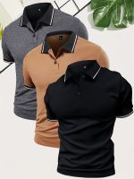 3Pcs Breathable Regular Fit Golf Shirt, Men's Casual V-Neck T-Shirt Short Sleeve For Summer, Men's Clothing