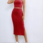 Ribbed Knit Two-piece Skirt Set, Crop Cami Top & Split Hem Skirt Outfits, Women's Clothing - Image 2