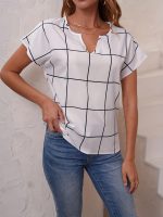 Plaid Print V Neck Blouse, Short Sleeve Casual Blouse For Spring & Summer, Women's Clothing - Image 6