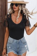 Lace Shoulder Solid Black Casual Tops - Image 6