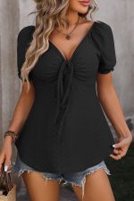 Puff Sleeve Drawstring Solid Black Casual Tops - Image 3