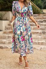 V Neck Smocked Waist Floral Print Maxi Dress - Image 6
