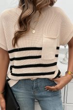 Round Neck Stripe Print Causal Tops - Image 3