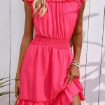 Smocked Waist Solid Color Ruffle Hem Mini Dress