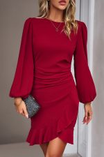 Puff Sleeve Round Neck Solid Ruffle Hem Bodycon Dress