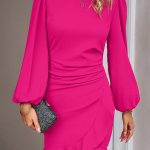 DeepPink Puff Sleeve Solid Ruffle Hem Bodycon Dress