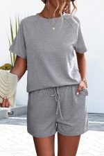 Round Neck Ruffle Hem Solid Color Two Pieces Set - Image 2