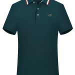 Breathable Embroidered Shirt, Men's Casual Crocodile Pattern Stripe Lapel Button Up Golf Shirt For Summer - Image 6