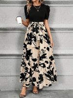 Lace Up Floral Print Splicing Dress, Elegant Crew Neck Short Sleeve Dress For Spring & Summer, Women's Clothing - Image 6
