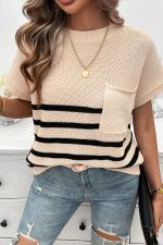 Round Neck Stripe Print Causal Tops