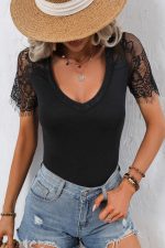 Lace Shoulder Solid Black Casual Tops - Image 4