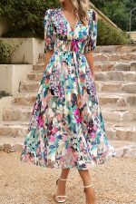 V Neck Smocked Waist Floral Print Maxi Dress - Image 3