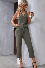 Deep V Neck Knot Waist Jumpsuits - Image 6