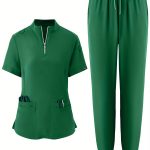 Solid Color Two-piece Scrub Set, Zip Front Short Sleeve Pockets Scrub Top & Drawstring Pants Outfits For Medical & Health Care, Women's Clothing - Image 8