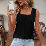 Black Square Neck Solid Color Sleeveless Casual Tops - Image 7