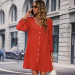 Long Sleeve Button Round Neck Solid Dress - Image 7