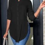 Split Button Front Shirt, Casual Long Sleeve Curved Hem Shirt, Women's Clothing - Image 6