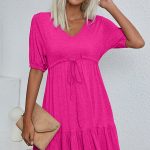 V Neck Drawstring Waist Casual Mini Dress