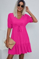 V Neck Drawstring Waist Casual Mini Dress