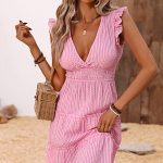 Plaid Print V Neck Frill Casual Dress