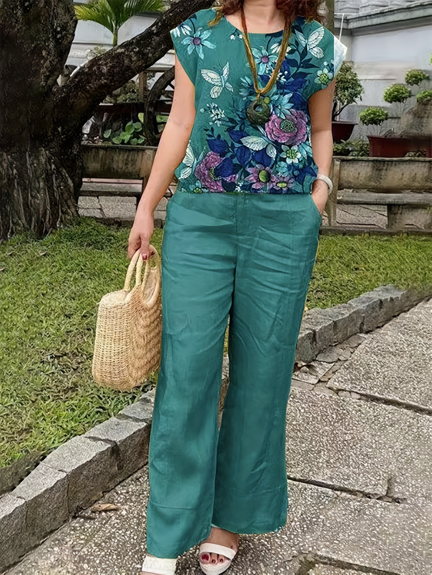 0904e05f-f41b-45a0-8ba9-d1cd82812a64-3.jpg Elegant Two Piece Set, Floral Print Crew Neck Tank Top & Elastic Waist Pocket Pants Outfits For Spring & Summer, Women's Clothing - Image 1