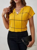 Plaid Print Notched Neck Blouse, Casual Short Sleeve Blouse For Spring & Summer, Women's Clothing - Image 5
