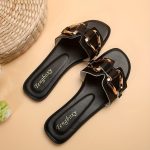 Women's Metallic Buckle Decor Slides, Fashionable Square Open Toe Summer Shoes, Casual Beach Flat Slides - Image 9