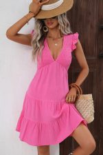 V Neck Solid Smocked Ruffle Hem Mini Dress - Image 2