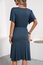 V Neck Ruffle Hem Solid Casual Dress - Image 5