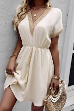 Fashion Lace Patchwork Solid V Neck Casual Dress - Image 5