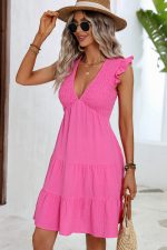 V Neck Solid Smocked Ruffle Hem Mini Dress - Image 5