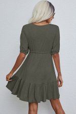 V Neck Drawstring Waist Solid Casual Mini Dress - Image 3