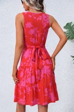 Fashion Tie Waist V Neck Printed Casual Dress - Image 5
