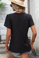 Solid V Neck Patchwork Short Sleeve Tops - Image 5