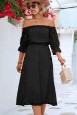 Solid Color Off The Shoulder Frill Casual Dress - Image 4