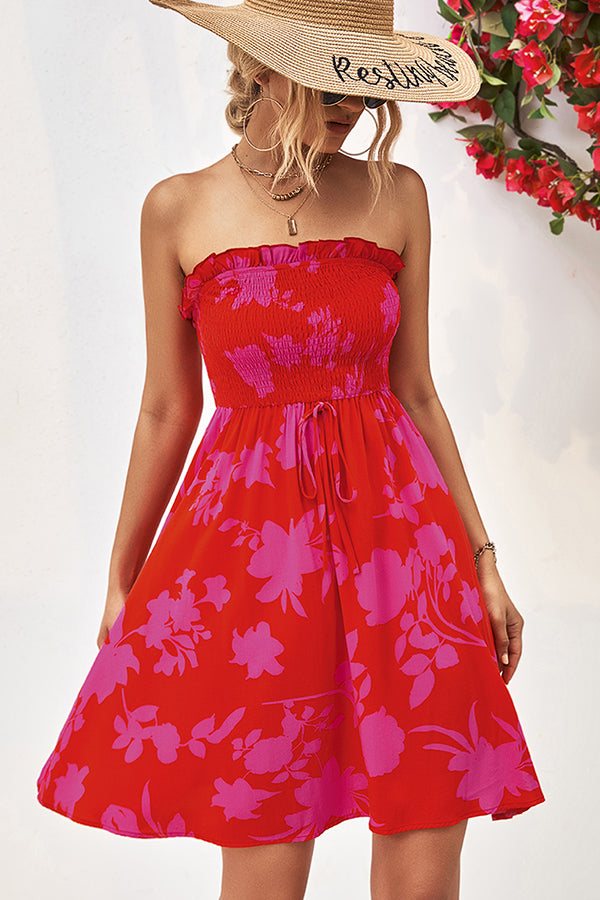 0_8dcac481-e443-4e1b-b80c-81c64ff36415.jpg Smocked Frill Bandeau Floral Print Mini Dress - Image 1