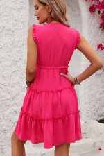 Fashion Solid Smocked V Neck Frill Casual Dress - Image 5
